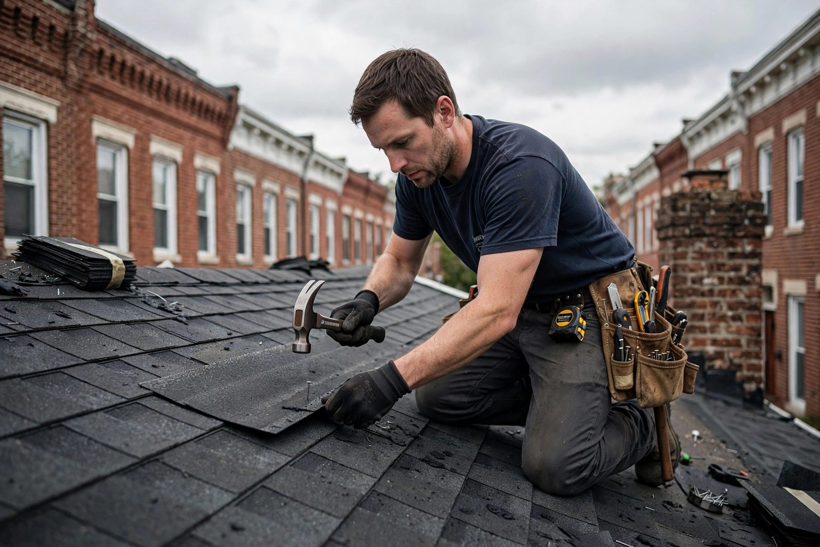 Roofer nailing architectural shingles on a Baltimore rowhouse roof
